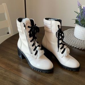Coach white leather heeled booties with fur.